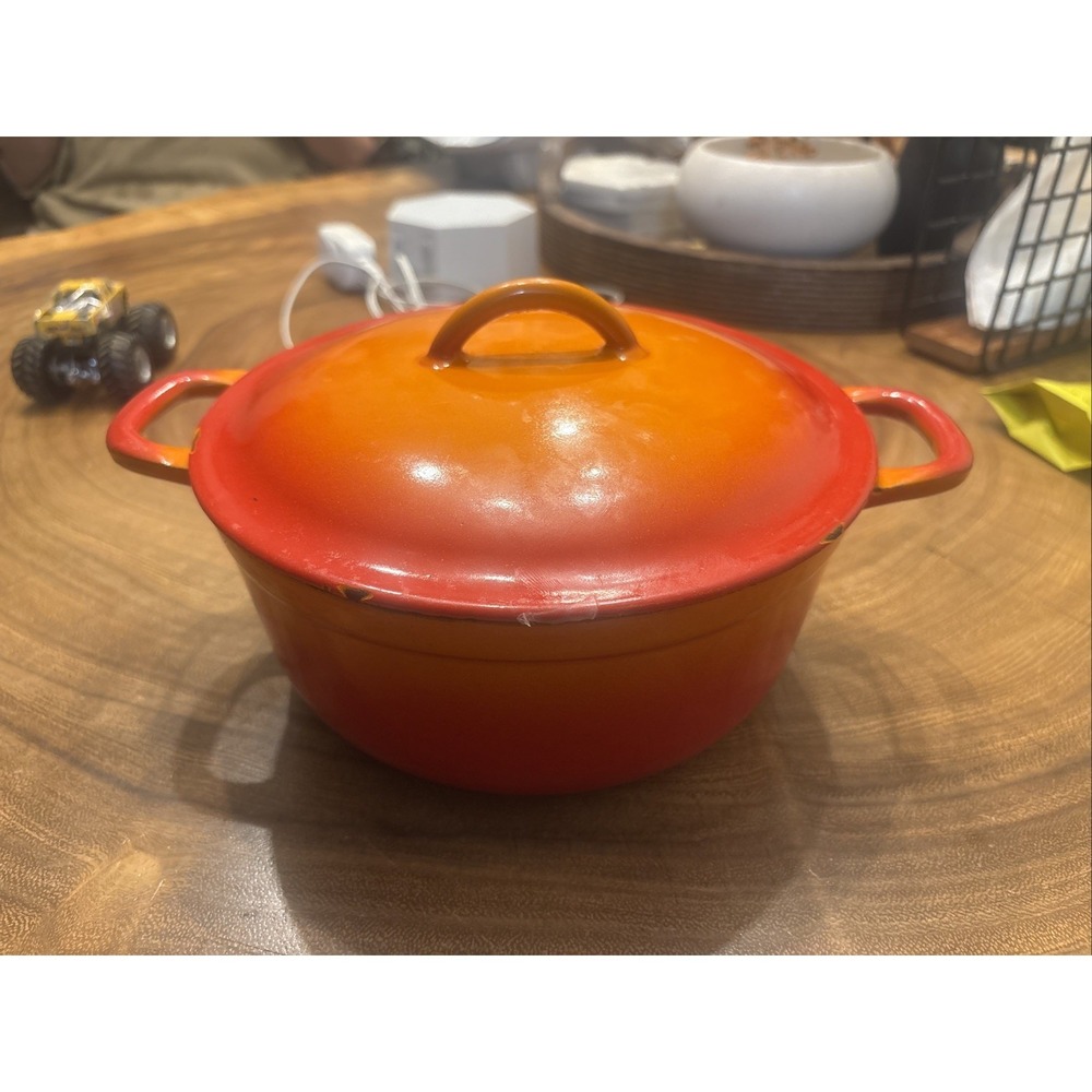 VTG 60s Descoware Flame Orange Enamel Cast Iron Dutch Oven FE 22-C Belgium 22cm